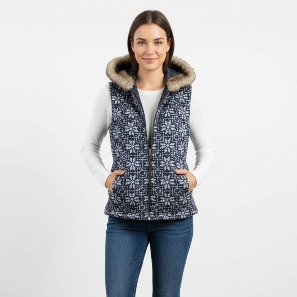 Talbots Vest Women's M Fleece Hooded Faux Fur Trim‎ Navy White Winter Snowflakes